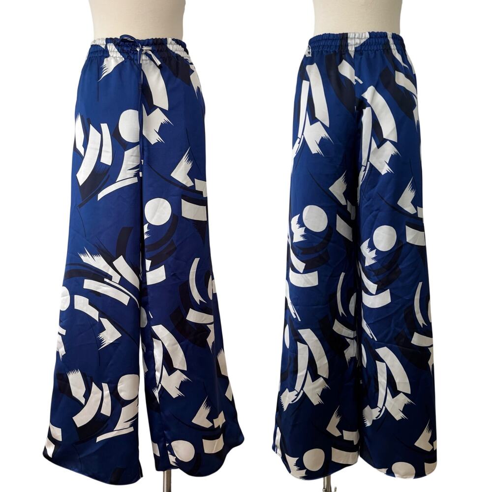 Lauren Ralph Lauren Wide Leg Pants Satin Charmeuse Blue/White Brushstroke L